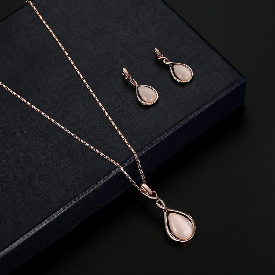 ASHMITA Ashmita Rose Gold Teardrop Necklace Gemstone Dangle Earrings Wedding Jewelry Set Jewelry Sets