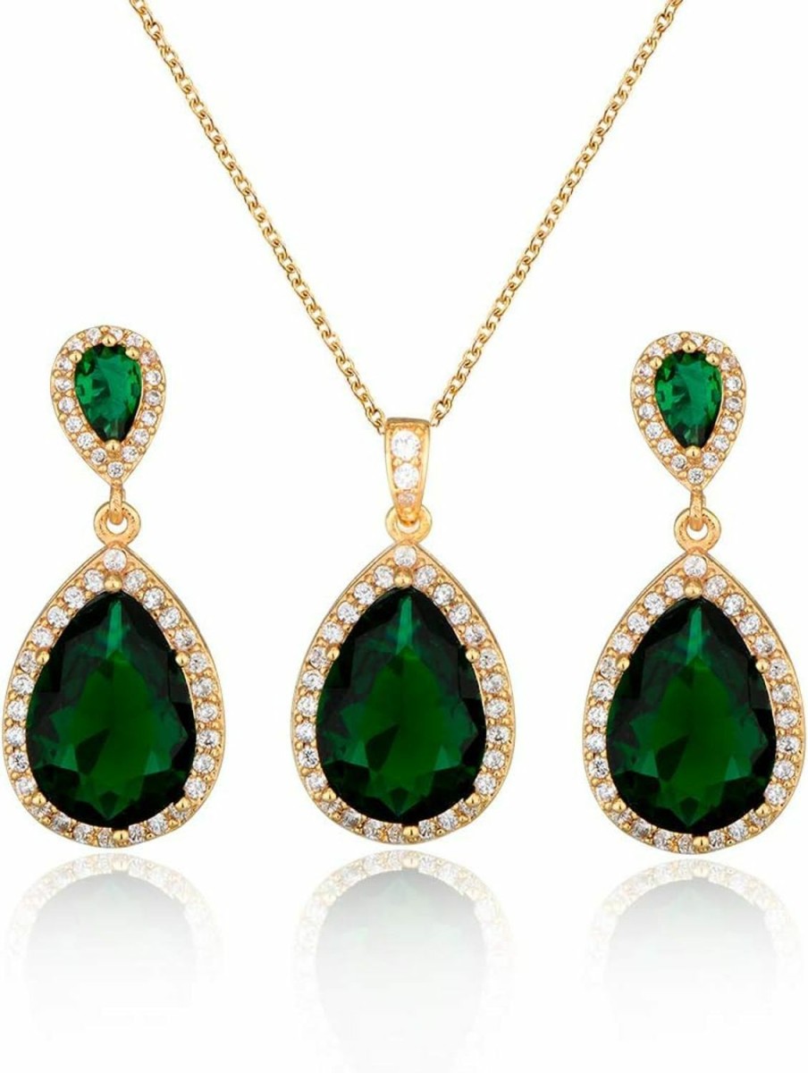 Mycitta Mycitta Bridal Jewelry Set For Wedding - 18K Plated Teardrop Cz Crystal Cubic Zirconia Rhinestone Necklace Earrings Set For Bride Bridesmaids Mother Of Bride Party Prom Birthstone Costume Jewelry Jewelry Sets