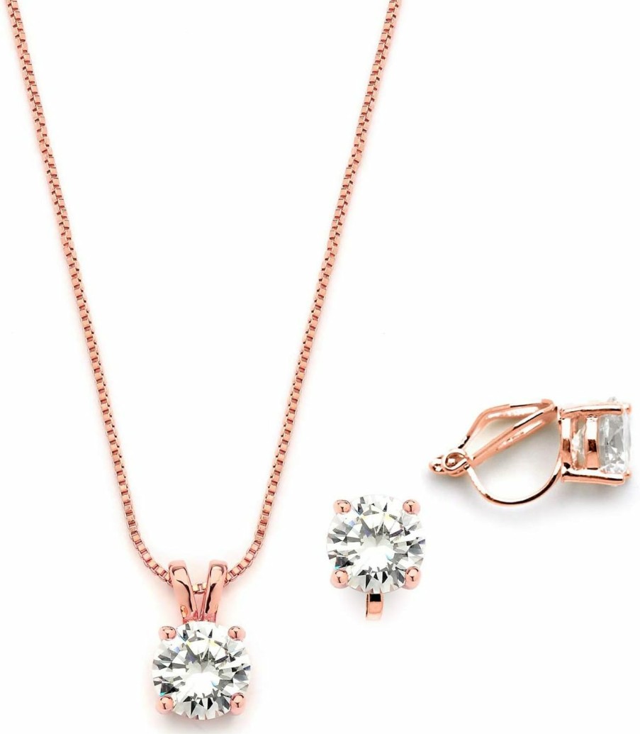 Mariell Mariell 14K Rose Gold Plated Cubic Zirconia Jewelry Set - 2Cwt Round Pendant With 8Mm Clip-On Earrings Jewelry Sets