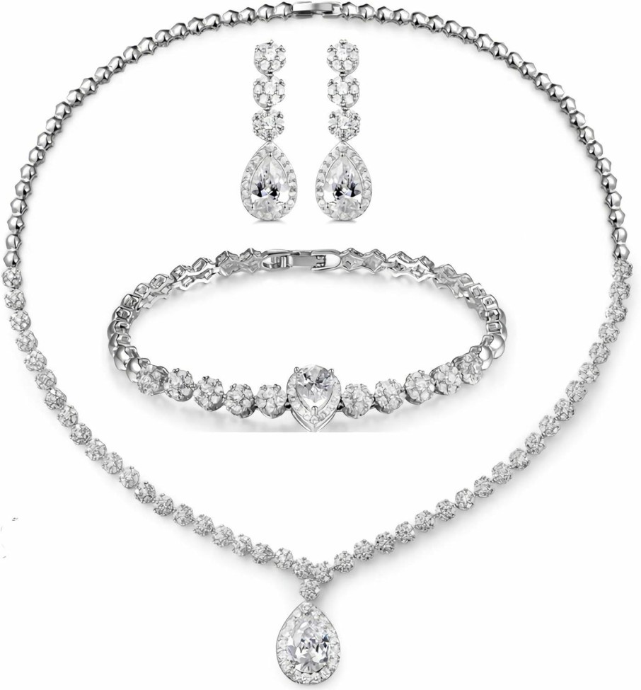 Hadskiss Hadskiss Jewelry Set For Women, Necklace Dangle Earrings Bracelet Set, White Gold Plated Jewelry Set With White Aaa Cubic Zirconia, Allergy Free Wedding Party Jewelry For Bridal Bridesmaid Jewelry Sets