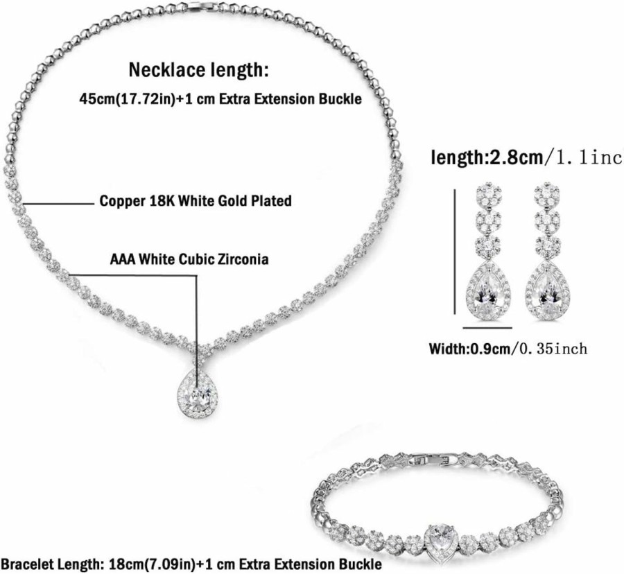 Hadskiss Hadskiss Jewelry Set For Women, Necklace Dangle Earrings Bracelet Set, White Gold Plated Jewelry Set With White Aaa Cubic Zirconia, Allergy Free Wedding Party Jewelry For Bridal Bridesmaid Jewelry Sets