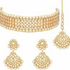 Aheli Aheli Indian Wedding Wear Beaded Faux Kundan Pearl Necklace Set With Earrings Maang Tikka Ethnic Fashion Jewelry For Women (White Kundan Choker) Jewelry Sets