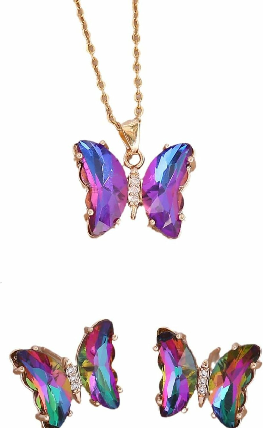 COLORFUL BLING Colorful Bling Crystal Butterfly Pendant Necklace,Crystal Tassel Zircon Dangle Earrings Purple Butterfly Jewelry Sets