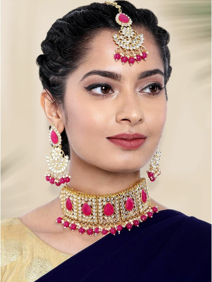 Aheli Aheli Bridal Kundan Faux Pearl Choker Necklace With Earrings Maang Tikka For Women Girls Indian Traditional Bollywood Fashion Jewelry Set Jewelry Sets