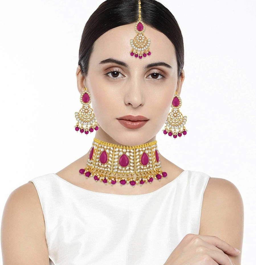 Aheli Aheli Bridal Kundan Faux Pearl Choker Necklace With Earrings Maang Tikka For Women Girls Indian Traditional Bollywood Fashion Jewelry Set Jewelry Sets