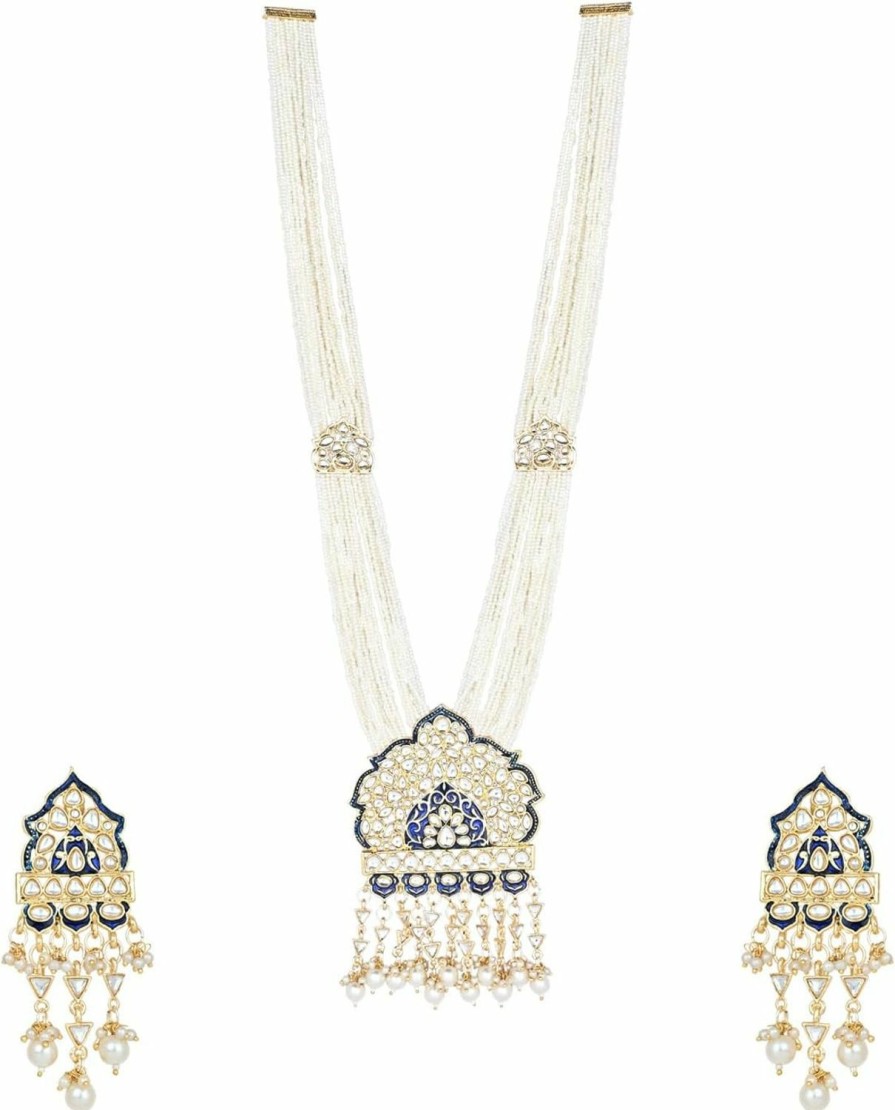 I Jewels I Jewels Gold Plated Meenakari Kundan Handcrafted Multi Strand Long Pearl Necklace Jewellery With Dangle Earrings Set For Women/Girls Jewelry Sets