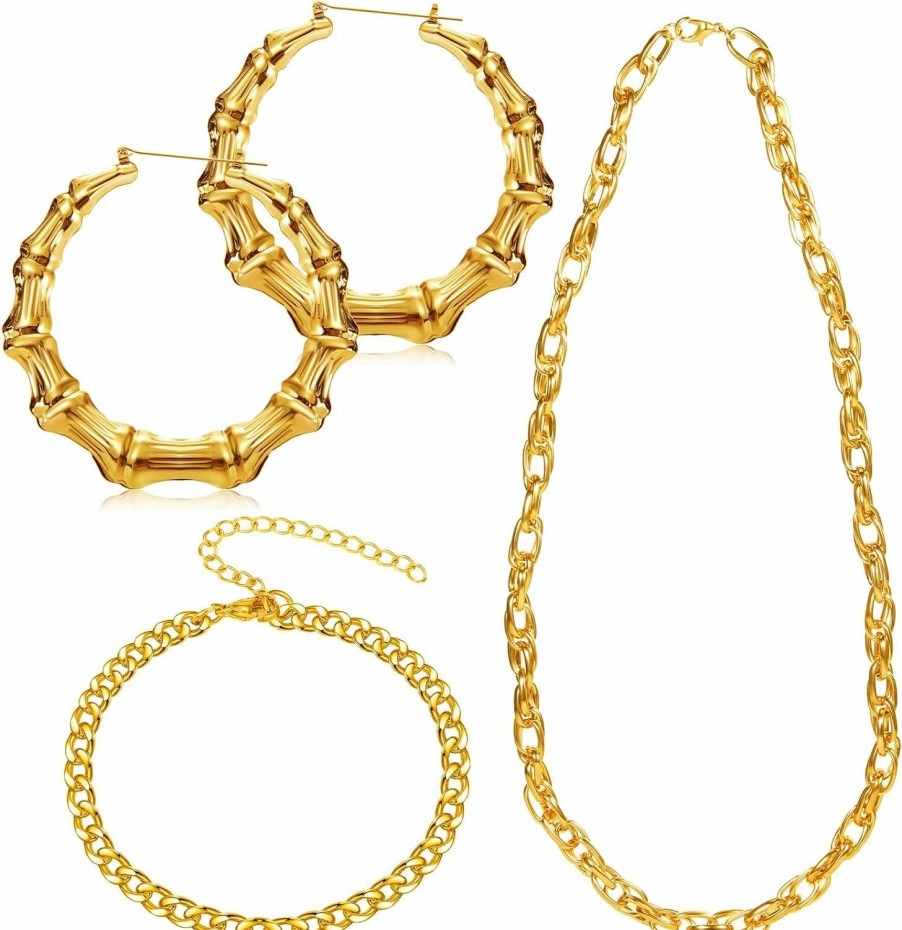 Cunno 4 Pcs Hip Hop Costume Kit 90S Accessories Jewelry Women Big Hoop Earrings Set Necklace Bamboo Pendant Cuban Chain Necklace Bracelet For Women Jewelry Sets