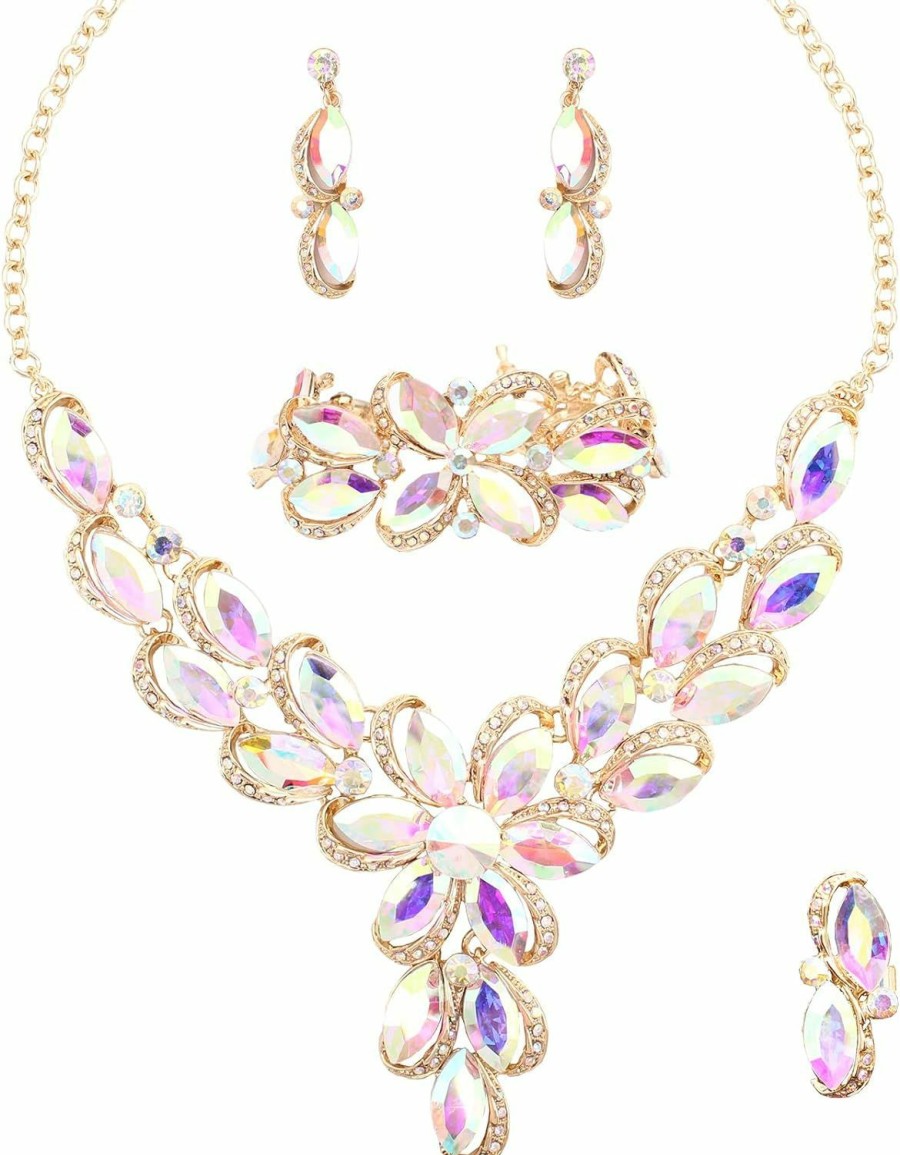 SFE Jewelry Set For Women Rhinestone Austrian Crystal Statement Flower Necklace Link Bangle Bracelet Dangle Earrings Rings Allergy Free Wedding Party Jewelry Set For Bridal Bridesmaid Jewelry Sets