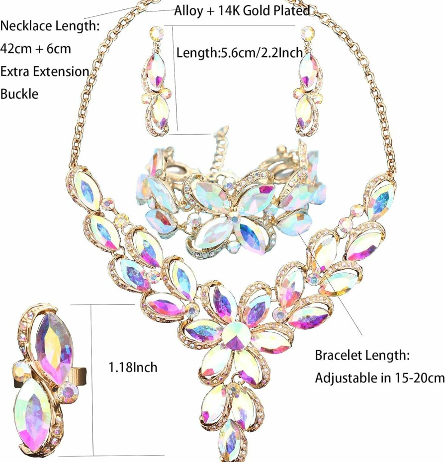 SFE Jewelry Set For Women Rhinestone Austrian Crystal Statement Flower Necklace Link Bangle Bracelet Dangle Earrings Rings Allergy Free Wedding Party Jewelry Set For Bridal Bridesmaid Jewelry Sets