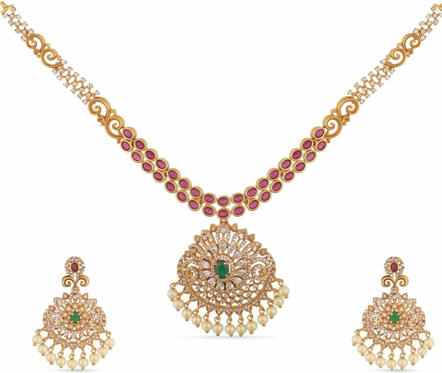 TARINIKA Tarinika Antique Gold Plated Riya Short Necklace Set With Floral Design - Indian Jewelry Sets For Women | Perfect For Ethnic Occasions | Traditional South Indian Necklace | 1 Year Warranty* Jewelry Sets