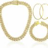 Batiyeer 3 Pcs Cuban Link Chain Necklace Bracelet Rhinestone Hoop Earrings Set Bling Crystal Diamond Hip Hop Jewelry For Women Girls Jewelry Sets