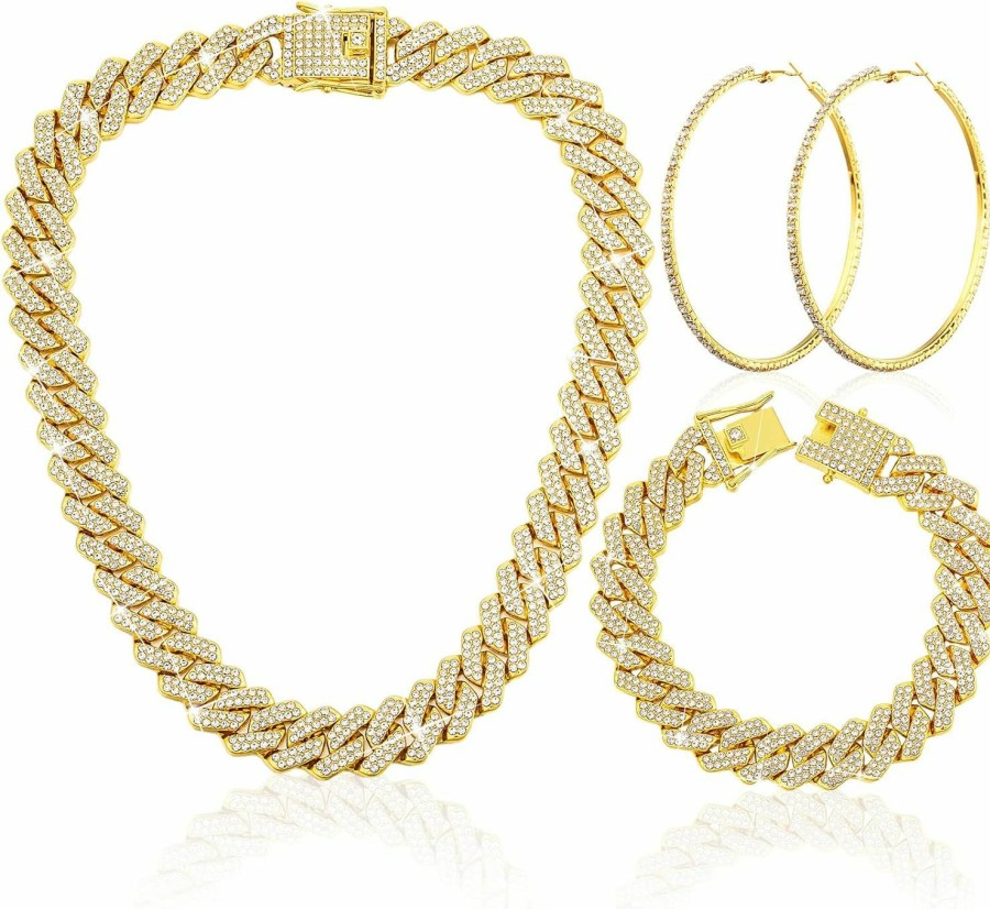 Batiyeer 3 Pcs Cuban Link Chain Necklace Bracelet Rhinestone Hoop Earrings Set Bling Crystal Diamond Hip Hop Jewelry For Women Girls Jewelry Sets