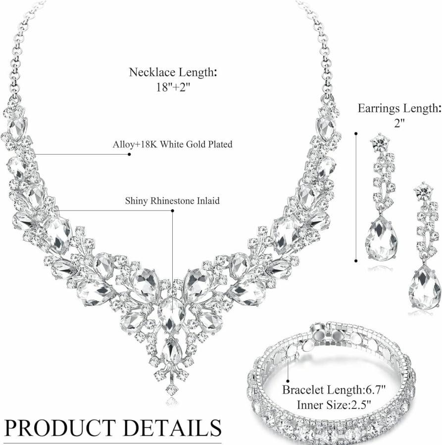 Subiceto Subiceto Jewelry Sets For Women Silver Necklace Dangle Earrings Bracelet Set For Bridal Bridesmaid White Gold Plated Rhinestone Necklace For Wedding Party Prom Jewelry Set Jewelry Sets