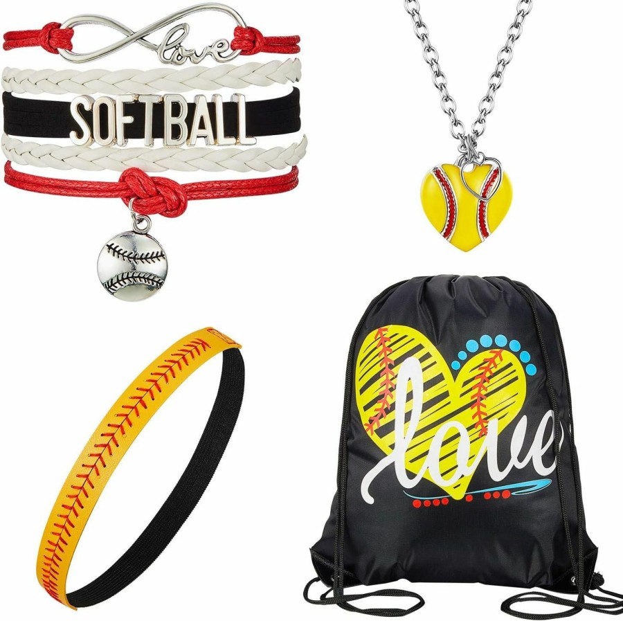 WILLBOND Willbond 4 Pieces Softball Girl Accessories Set, Softball Headband Softball Bracelet Softball Necklace Softball Drawstring Bag For Women Girls Jewelry Sets