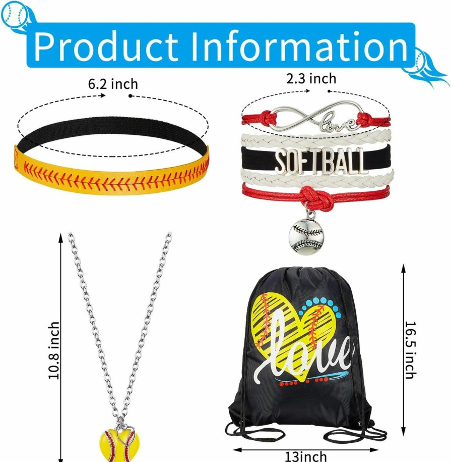 WILLBOND Willbond 4 Pieces Softball Girl Accessories Set, Softball Headband Softball Bracelet Softball Necklace Softball Drawstring Bag For Women Girls Jewelry Sets