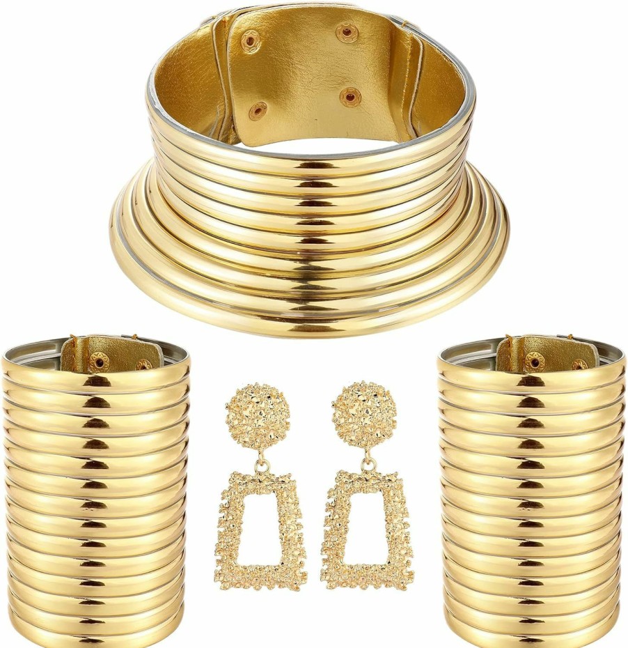 SAILIMUE Sailimue 4Pcs African National Jewelry For Women African Egyptian Choker Collars Gold Chunky Statement Leather Necklace Bangle Bracelet Earring Jewelry Set Jewelry Sets