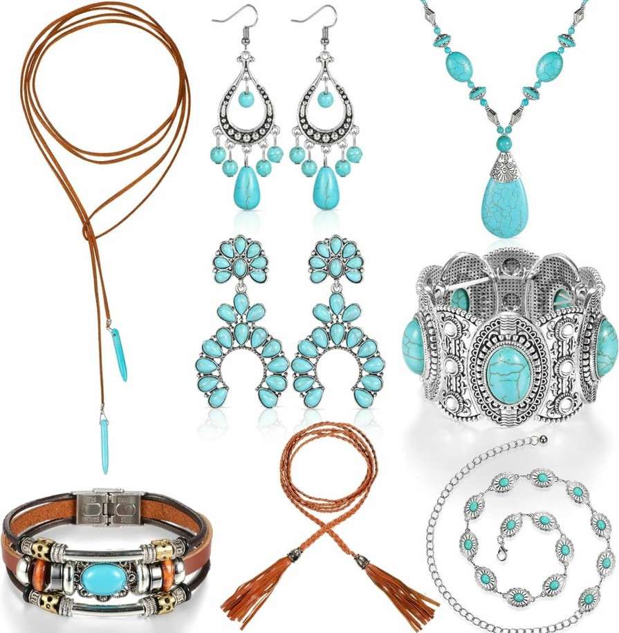 Inbagi Inbagi 8 Pcs Western Turquoise Jewelry Set For Women Cowgirl Christmas Jewelry Western Turquoise Chain Belt Boho Necklace 70S Hippie Costume Accessories Vintage Metal Waist Belts Bohemian Earrings Jewelry Sets