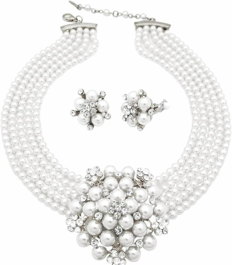 Fashion 21 Fashion 21 5 Rows Rhinestone Accented Simulated Floral Pearl Cluster Necklace, Clip On Earring 2 Set Jewelry Sets