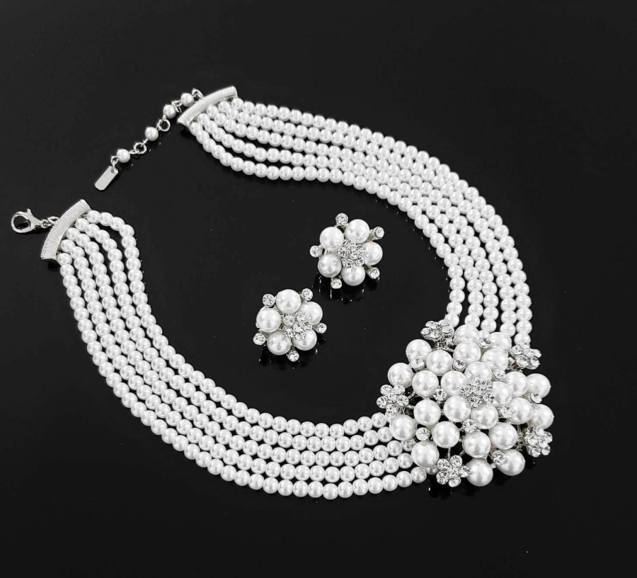 Fashion 21 Fashion 21 5 Rows Rhinestone Accented Simulated Floral Pearl Cluster Necklace, Clip On Earring 2 Set Jewelry Sets