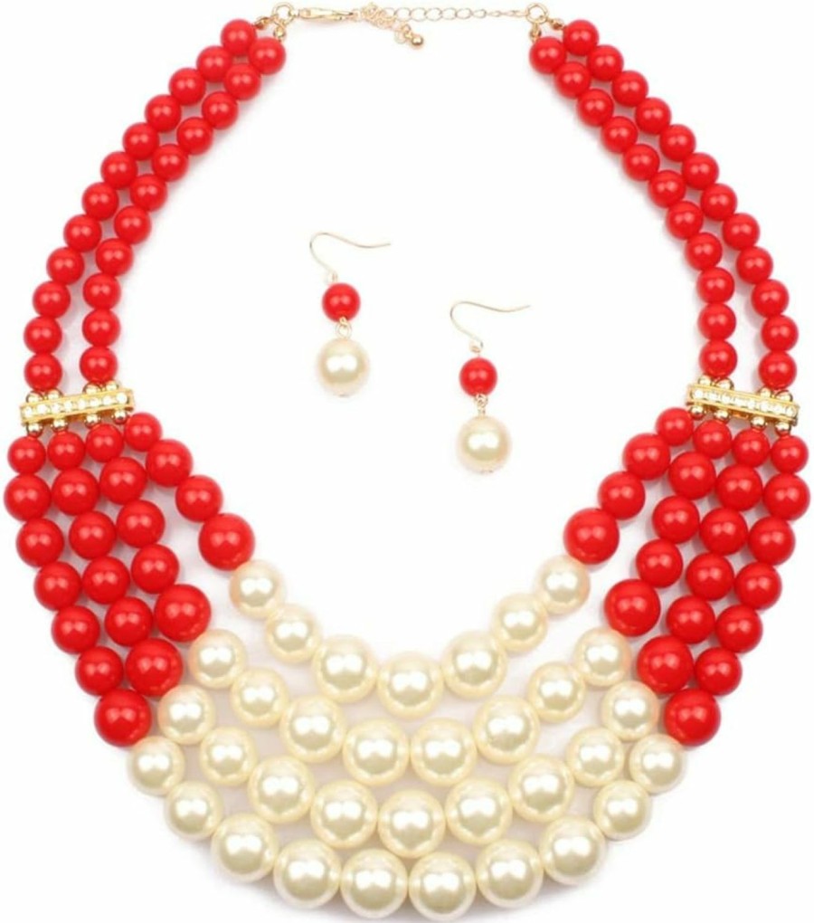 Chamvino Chamvino Fashionable And Exaggerated Multilayer Multicolor Imitation Pearl Choker+Drop Dangle Earring Jewelry Set Bridal Necklace Dress Accessories For Women'S And Girls Gifts(Six Color Optional) Jewelry Sets