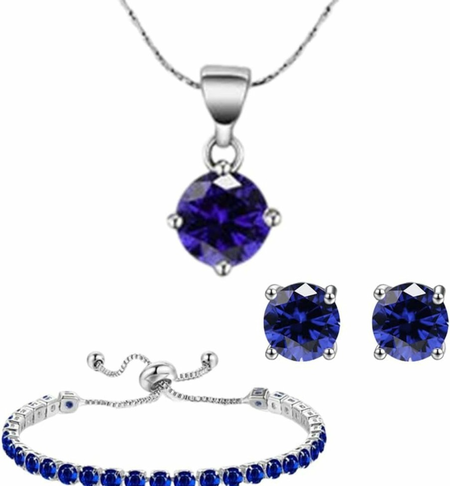 Paris Jewelry Paris Jewelry 18K White Gold 3 Set Created Blue Sapphire Round Necklace, Earrings And Tennis Bracelet Plated Jewelry Sets