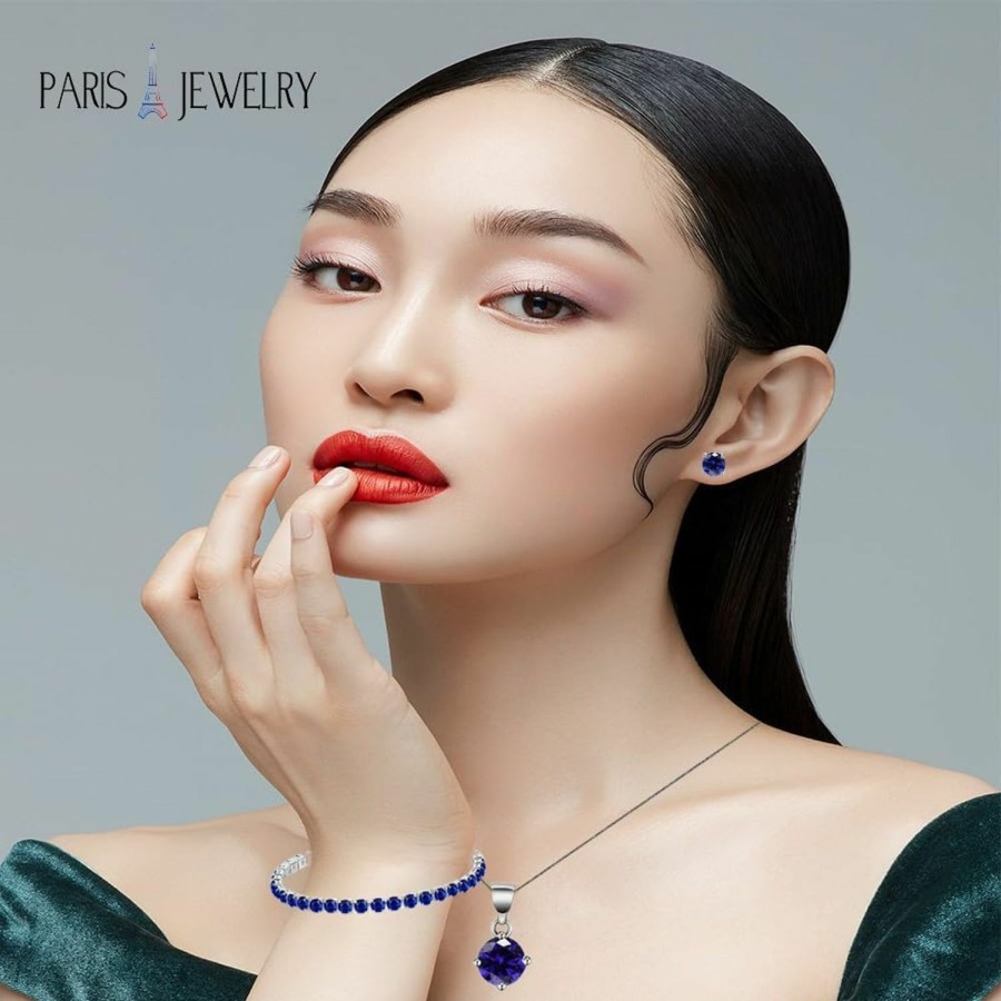 Paris Jewelry Paris Jewelry 18K White Gold 3 Set Created Blue Sapphire Round Necklace, Earrings And Tennis Bracelet Plated Jewelry Sets