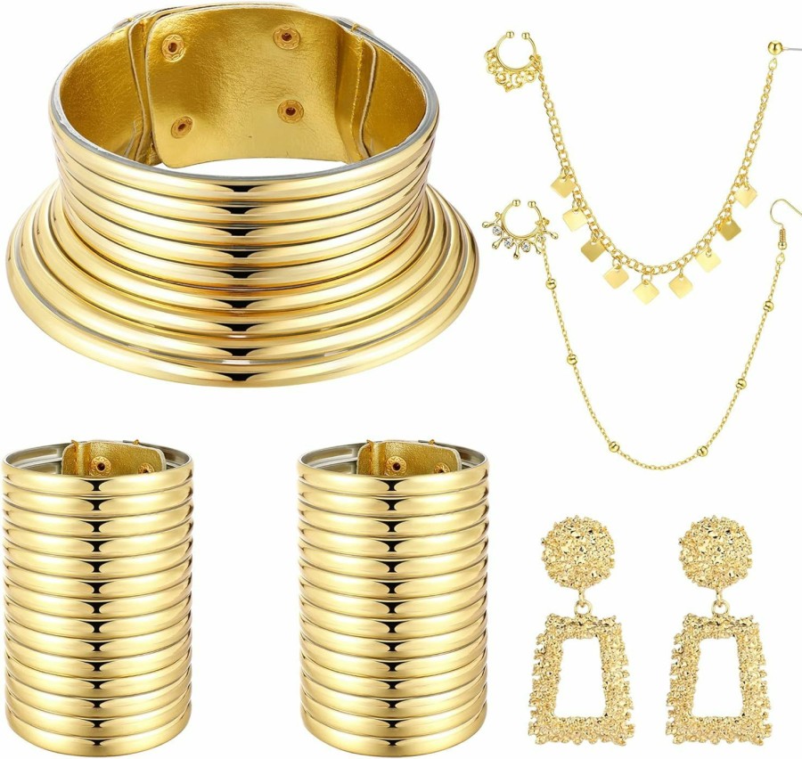 YADOCA Yadoca 6Pcs African National Jewelry For Women Egypt Gold Choker Collars African Vintage Statement Choker Necklaces Wide Leather Bangle Bracelet Nose Rings Hoop Chain Earrings Sets Jewelry Sets