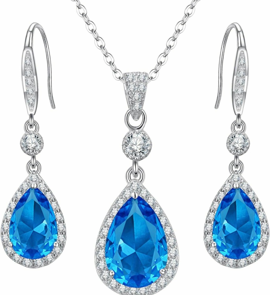 EleQueen Elequeen 925 Sterling Silver Full Cubic Zirconia Teardrop Bridal Pendant Necklace Hook Dangle Earrings Sets For Women, Valentine'S Day/Mother'S Day/Christmas Jewerly Gift For Girlfriend/Mom Jewelry Sets