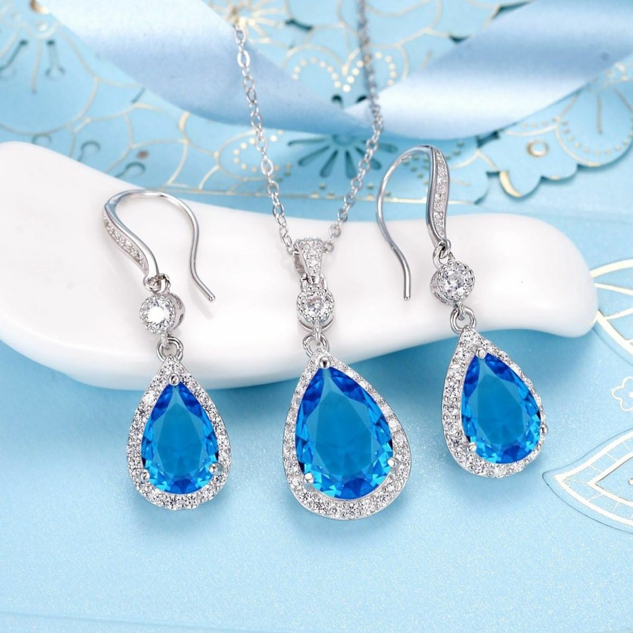 EleQueen Elequeen 925 Sterling Silver Full Cubic Zirconia Teardrop Bridal Pendant Necklace Hook Dangle Earrings Sets For Women, Valentine'S Day/Mother'S Day/Christmas Jewerly Gift For Girlfriend/Mom Jewelry Sets