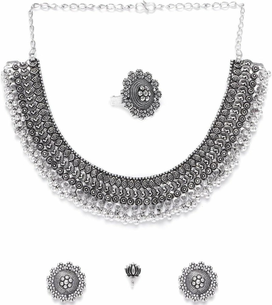 Priyaasi Priyaasi Silver-Plated Oxidized Jewellery Set With Earrings, Ring And Nose Pin For Women, Girls Jewelry Sets