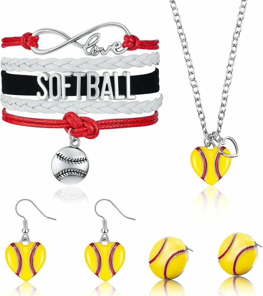 Junkin Junkin 4 Pieces Softball Jewelry Set Softball Heart Necklace Bracelet Dangle Drop Earrings Stud Earrings Handmade Pendant Charms For Women Girls Jewelry Sets