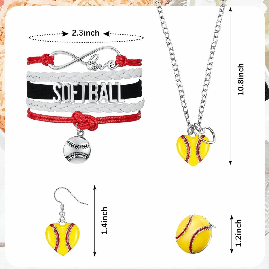 Junkin Junkin 4 Pieces Softball Jewelry Set Softball Heart Necklace Bracelet Dangle Drop Earrings Stud Earrings Handmade Pendant Charms For Women Girls Jewelry Sets