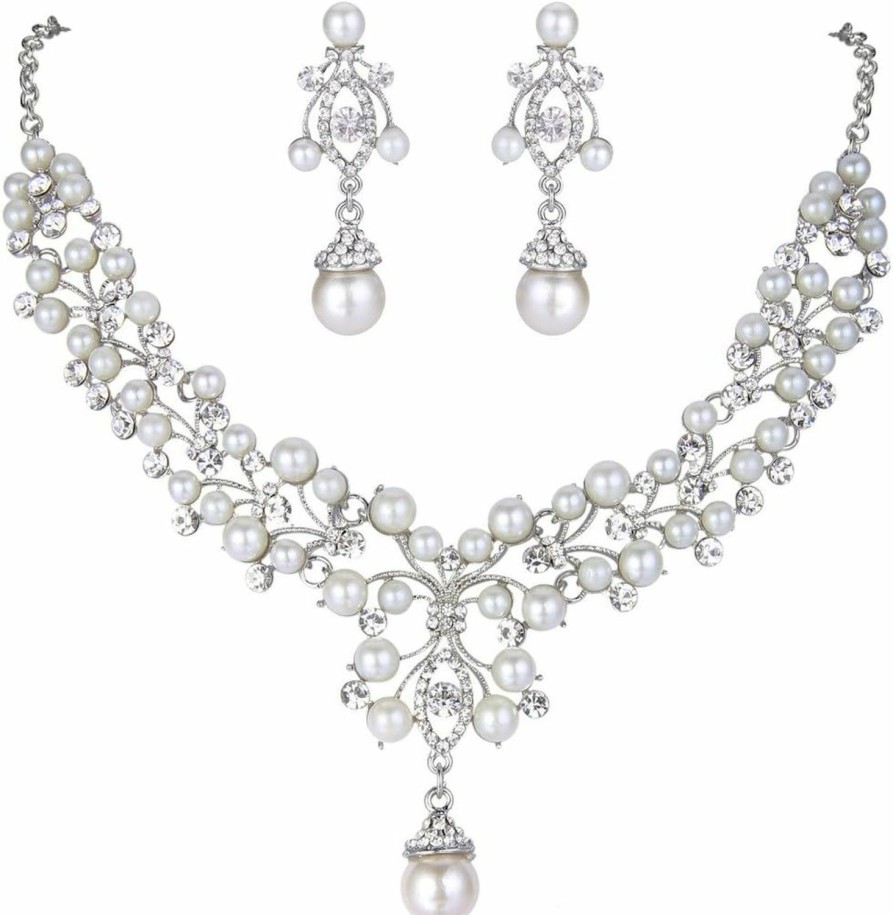 EVER FAITH Ever Faith Flower Simulated Pearl Wedding Jewelry Set Clear Austrian Crystal Jewelry Sets