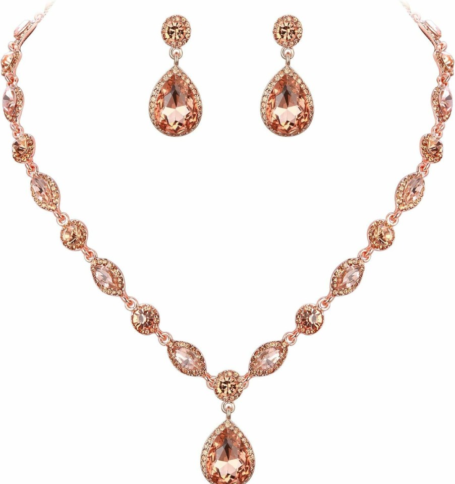 EleQueen Elequeen Women'S Wedding Bridal Jewelry Set For Brides Bridesmaids, Crystal Teardrop Necklace Dangle Earrings Jewellery For Party Prom Champagne Color Rose Gold-Tone Jewelry Sets