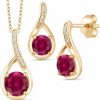 Gem Stone King Gem Stone King 18K Yellow Gold Plated Silver Red Created Ruby And Diamond Pendant And Earrings Jewelry Set For Women (2.34 Cttw, With 18 Inch Chain) Jewelry Sets