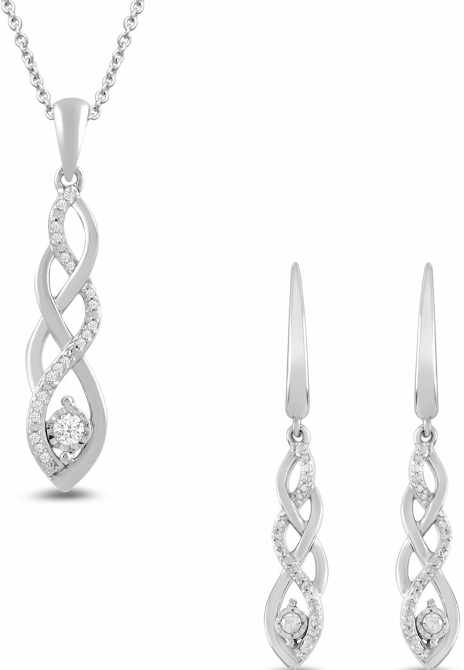 Amazon Collection Amazon Collection Women Sterling Silver Diamond Twist Pendant Necklace And Earrings Box Set (1/5 Cttw), 18\" Jewelry Sets