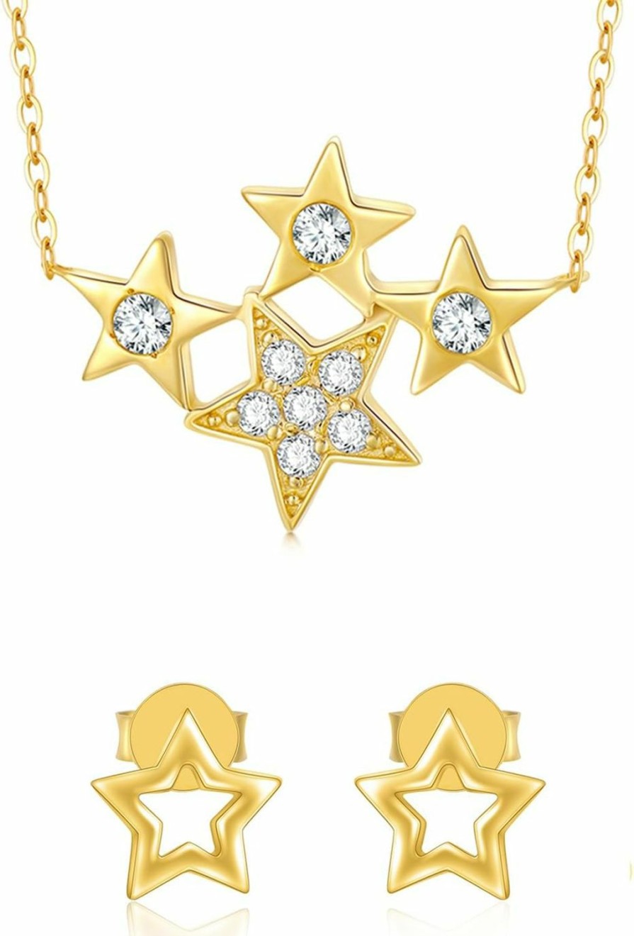 SISGEM Sisgem 14K Gold Star Necklace And Earrings Set, Real 14 Karat Gold Jewelry For Her Jewelry Sets