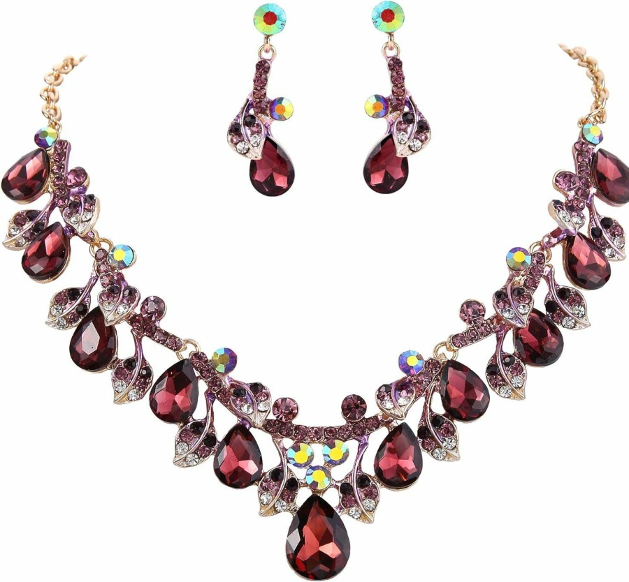 BriLove Brilove Women'S Wedding Bridal Crystal Teardrop Cluster Leaf Vine Enamel Statement Necklace Dangle Earrings Set Jewelry Sets