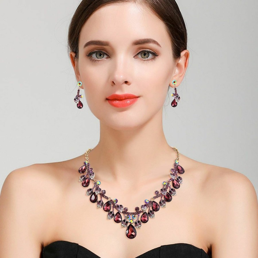 BriLove Brilove Women'S Wedding Bridal Crystal Teardrop Cluster Leaf Vine Enamel Statement Necklace Dangle Earrings Set Jewelry Sets