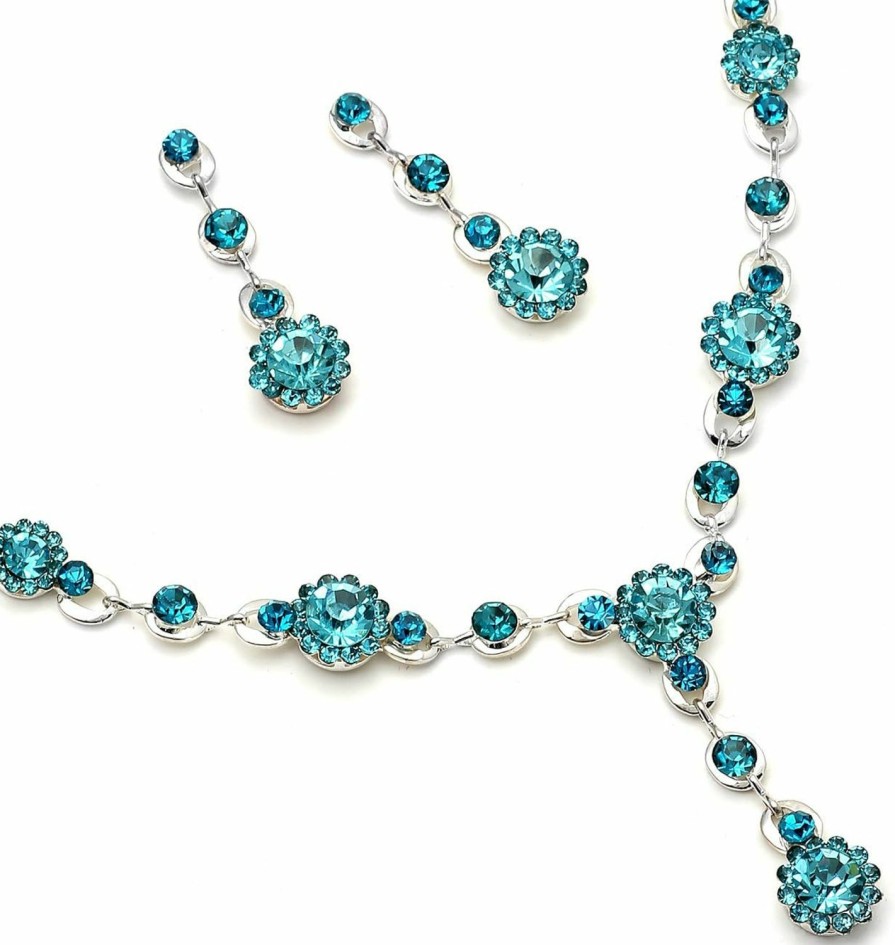 Topwholesalejewel Topwholesalejewel Silver Aqua Rhinestone Flower And Aqua Rhinestone T Necklace With Matching Dangle Earrings Set Jewelry Sets