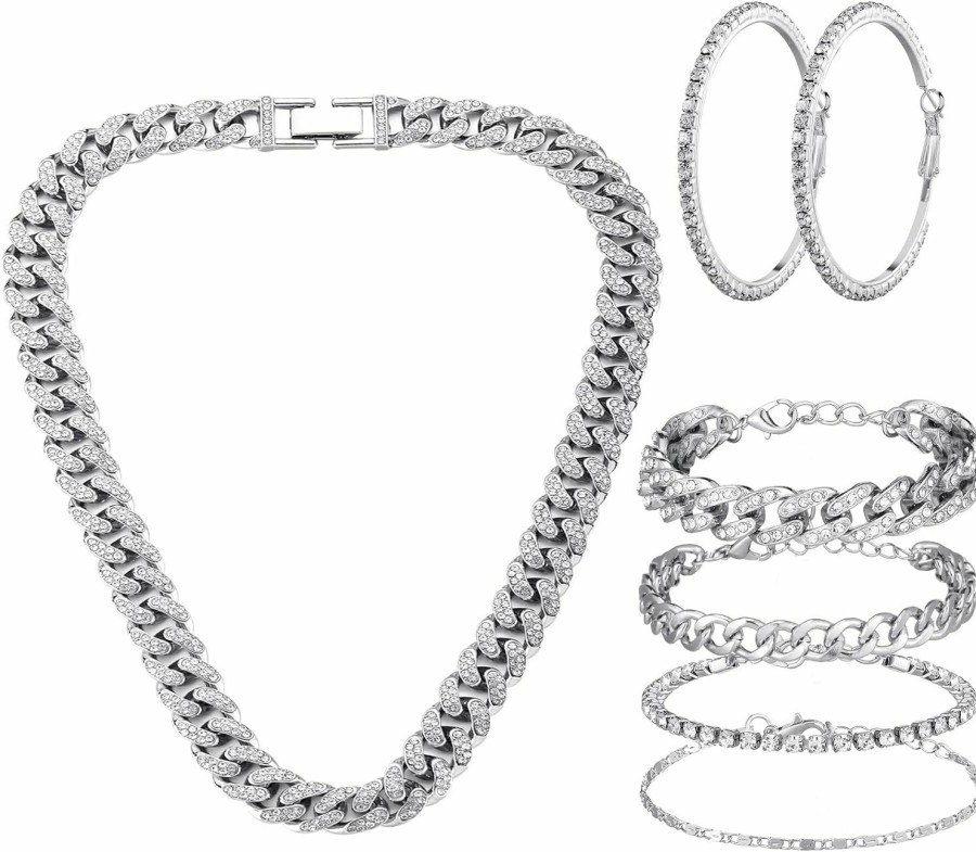 Yinkin Yinkin 6 Pcs Tennis Necklaces Diamond Chain For Woman Silver Cuban Link Chain Jewelry Set With Cuban Rhinestone Necklace Tennis Bracelet Circle Earrings Jewelry Sets