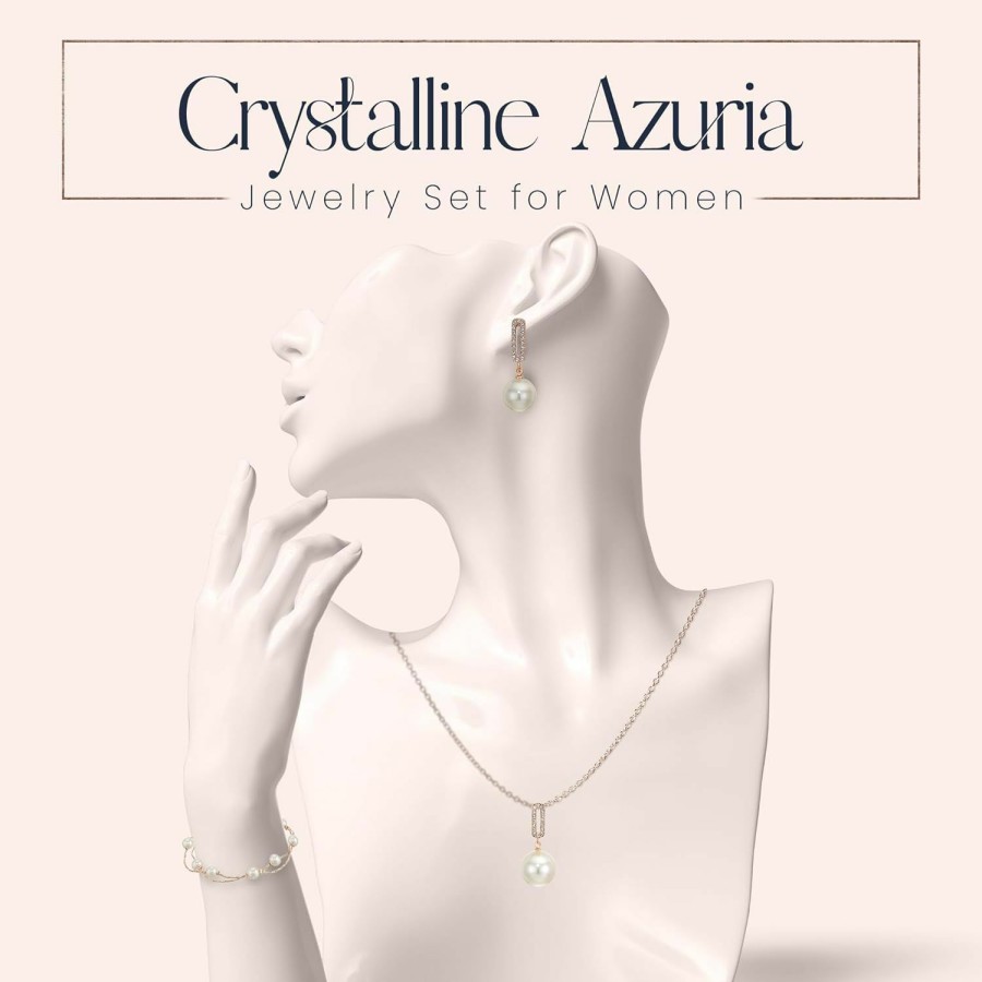 Crystalline Azuria Crystalline Azuria Jewelry Simulated White Pearls Necklace Earrings Bracelet For Women Wedding Party Bridal And Bridesmaid Accessories Rose Gold Plated Jewelry Sets