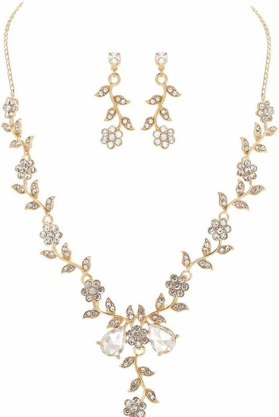 Unicra Unicra Silver Bride Wedding Jewelry Sets Flower Crystal Bridal Necklace Earrings Set Leaf Prom Costume Jewelry Set Rhinestone Choker Necklace For Women And Girls Jewelry Sets