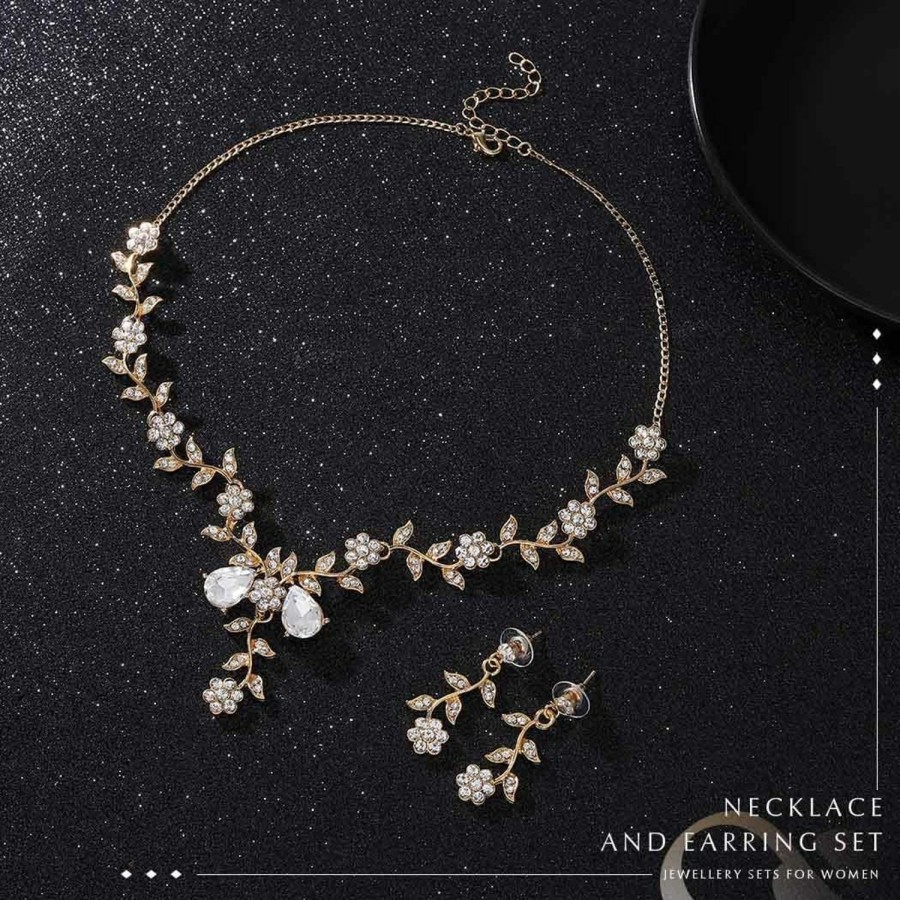 Unicra Unicra Silver Bride Wedding Jewelry Sets Flower Crystal Bridal Necklace Earrings Set Leaf Prom Costume Jewelry Set Rhinestone Choker Necklace For Women And Girls Jewelry Sets