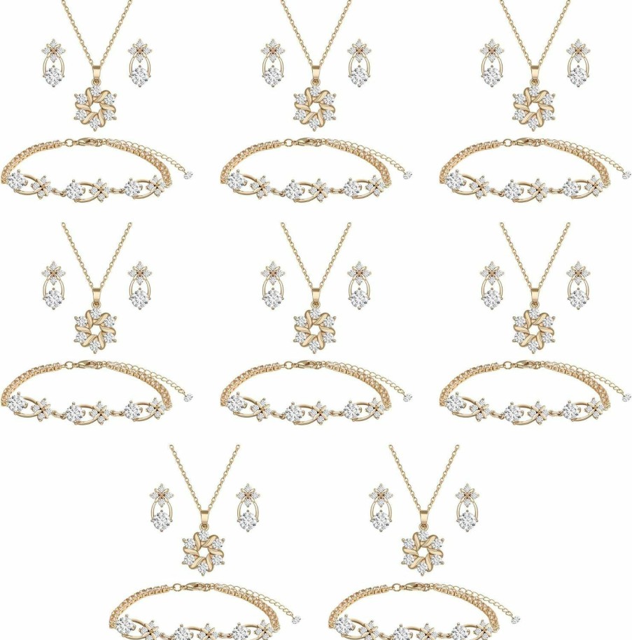 ZHUWE Bridesmaid Jewelry Set For Wedding, 18K Gold Or Rose Gold Or Silver Plated Copper With Clean Cubic Zirconia Necklace Earring Bracelet Set For Women Girls Gift Jewelry Sets