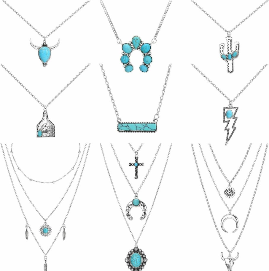 Sanfenly Sanfenly 9 Pcs Western Necklaces Set For Women Turquoise Necklace Cowboy Cowgirl Boho Lightning Cattle Tag Bar Pendant Necklace Jewelry Set Jewelry Sets