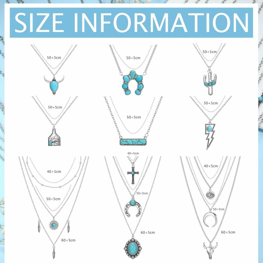 Sanfenly Sanfenly 9 Pcs Western Necklaces Set For Women Turquoise Necklace Cowboy Cowgirl Boho Lightning Cattle Tag Bar Pendant Necklace Jewelry Set Jewelry Sets