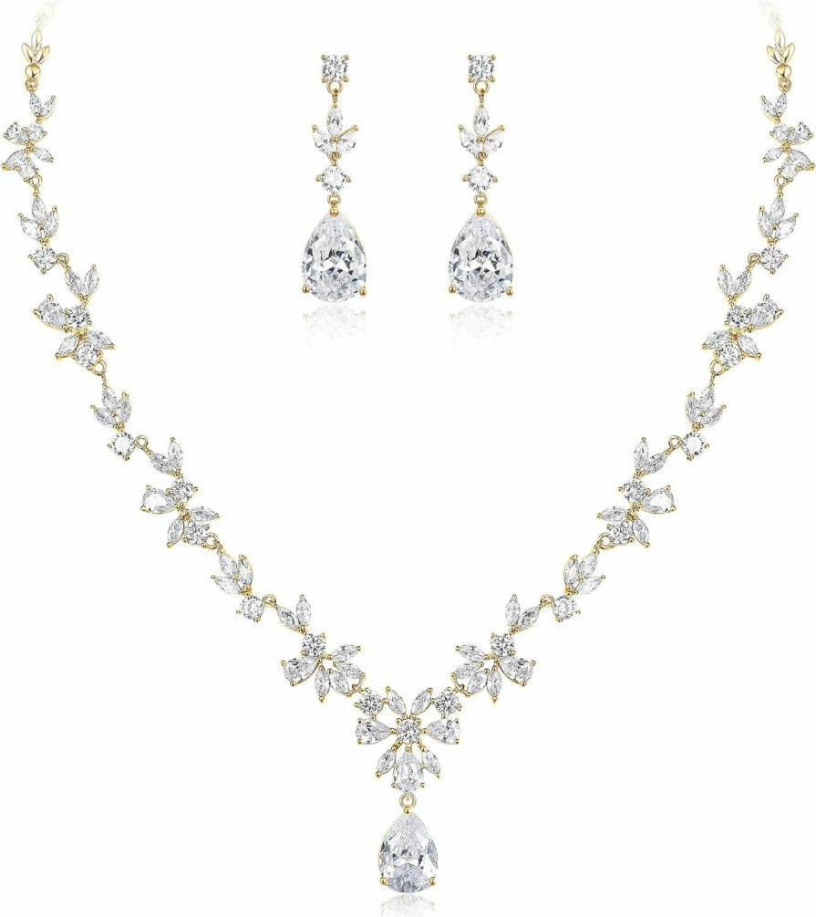 BriLove Brilove Gorgeous Wedding Jewelry Set For Women Bridal Cubic Zirconia Marquise Teardrop Leaf Cluster Y-Necklace Dangle Earrings Link Bracelet Set Jewelry Sets