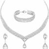 DIVINA VITAE 3 Pcs Costume Jewelry Set For Women Silver Crystal Rhinestone Tiara Crown Necklace Bangle Bracelet Teardrop Dangle Earrings Sets For Bridal Bridesmaid Formal Wedding Dainty Sparkly Statement Necklace Jewelry Sets