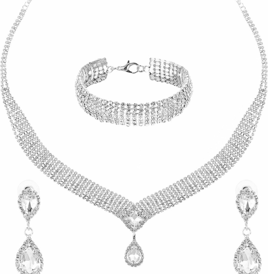 DIVINA VITAE 3 Pcs Costume Jewelry Set For Women Silver Crystal Rhinestone Tiara Crown Necklace Bangle Bracelet Teardrop Dangle Earrings Sets For Bridal Bridesmaid Formal Wedding Dainty Sparkly Statement Necklace Jewelry Sets